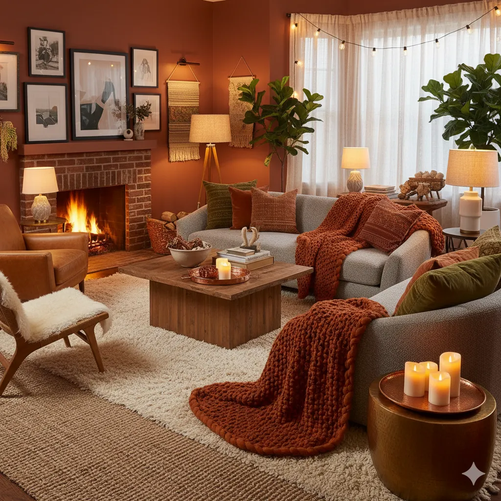 Layered living room design with textural depth and warm atmospheric lighting