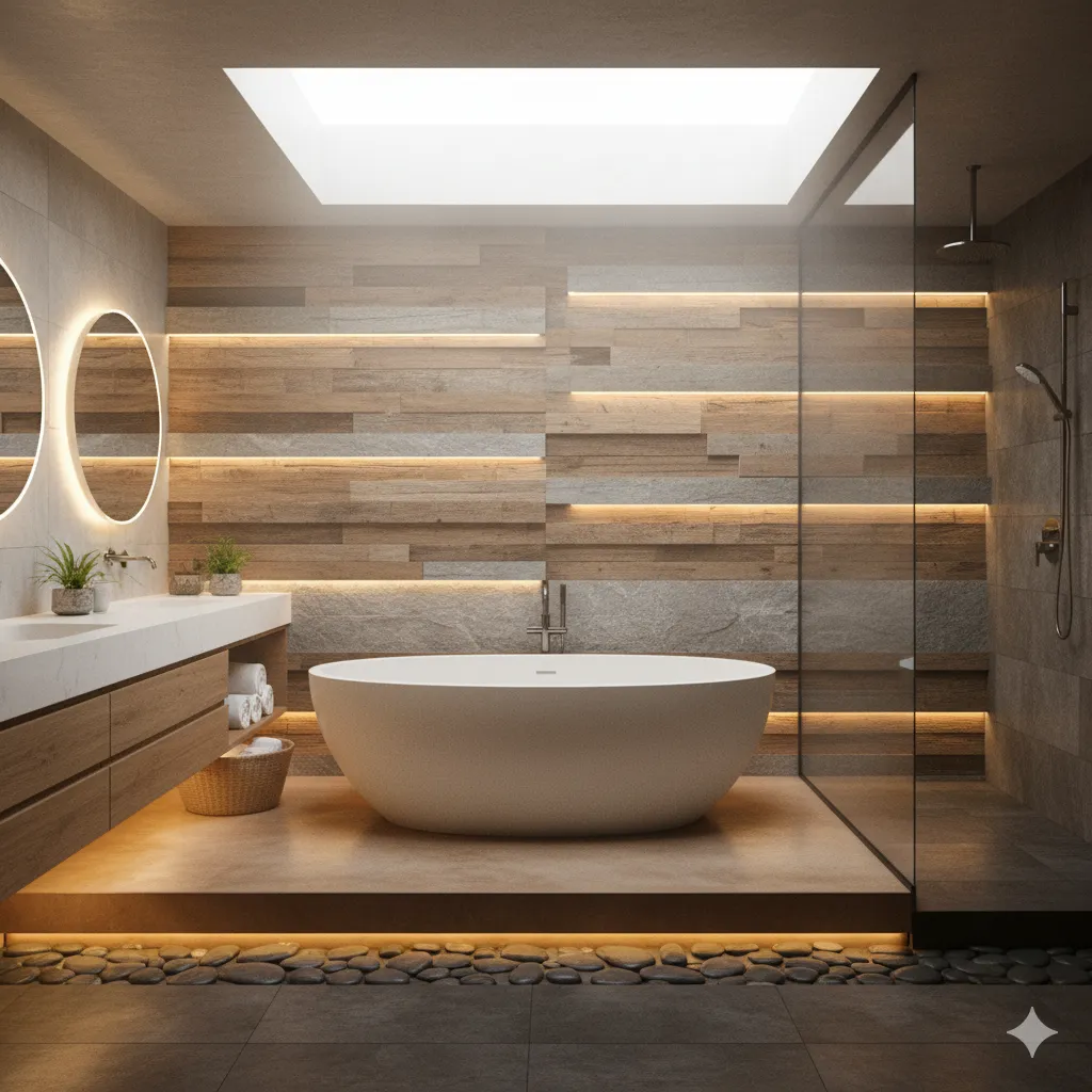 Bathroom design with spa-like atmosphere through layered materials and lighting